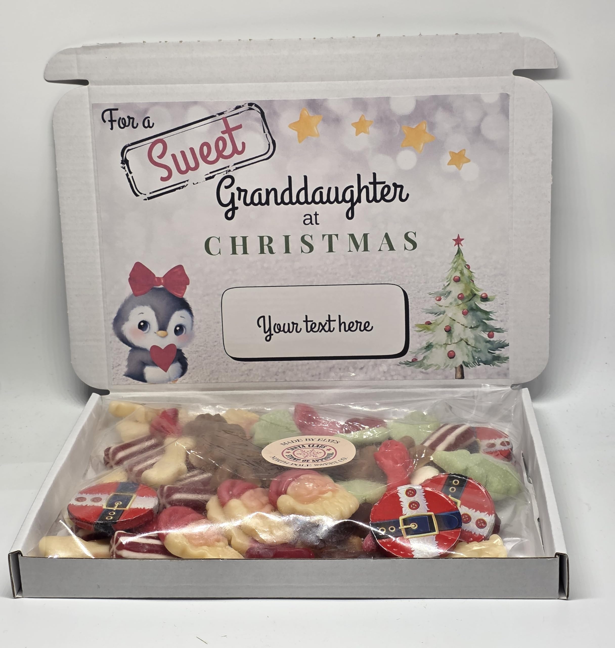 Personalised ‘For a Sweet Granddaughter at Christmas’ Gift Box – Christmas Sweets with Custom Message & Adorable Penguin Design