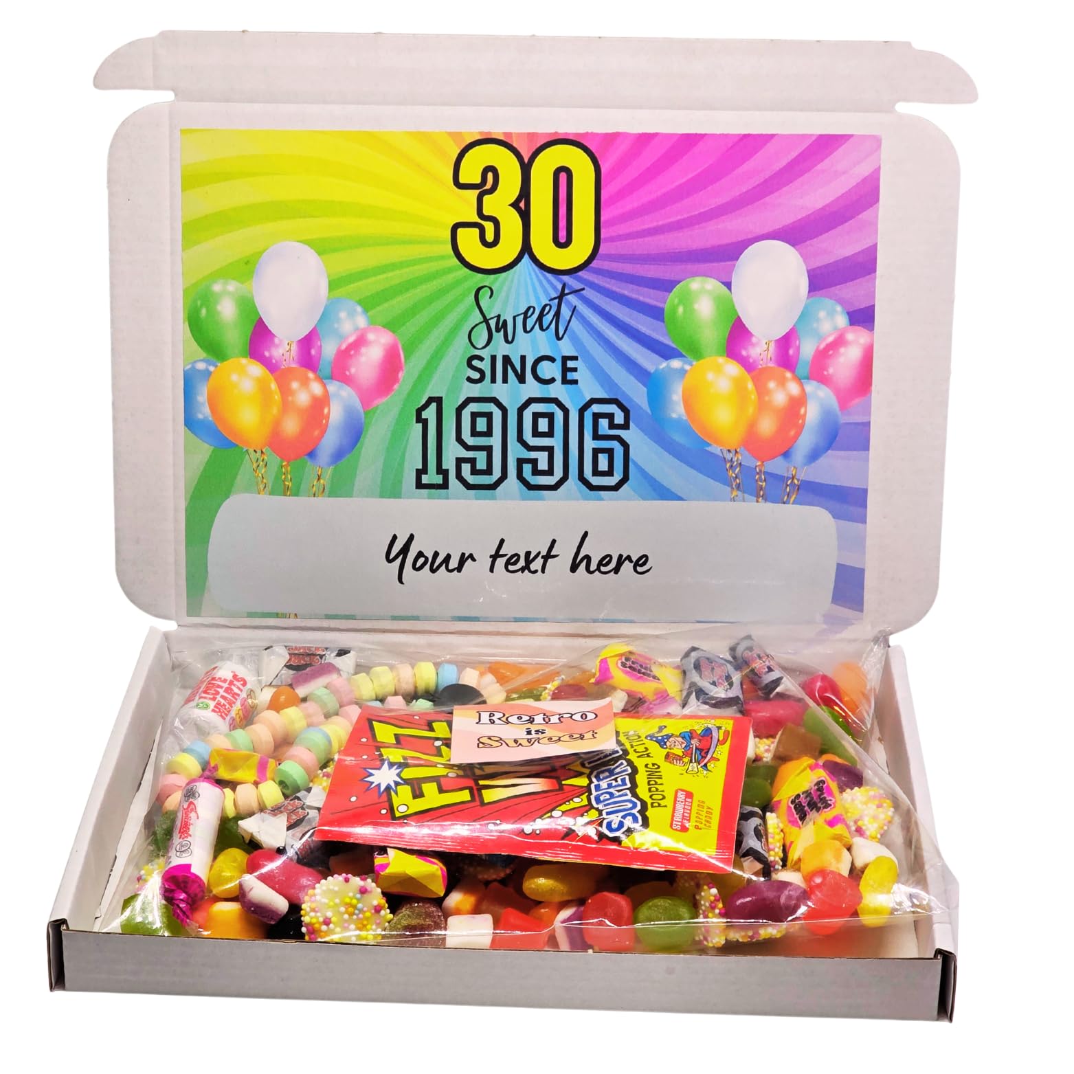 Personalised 30th Birthday Sweet Box Gift – Retro & Pick n Mix Sweets Hamper – Since 1996 Birthday Present for Him or Her