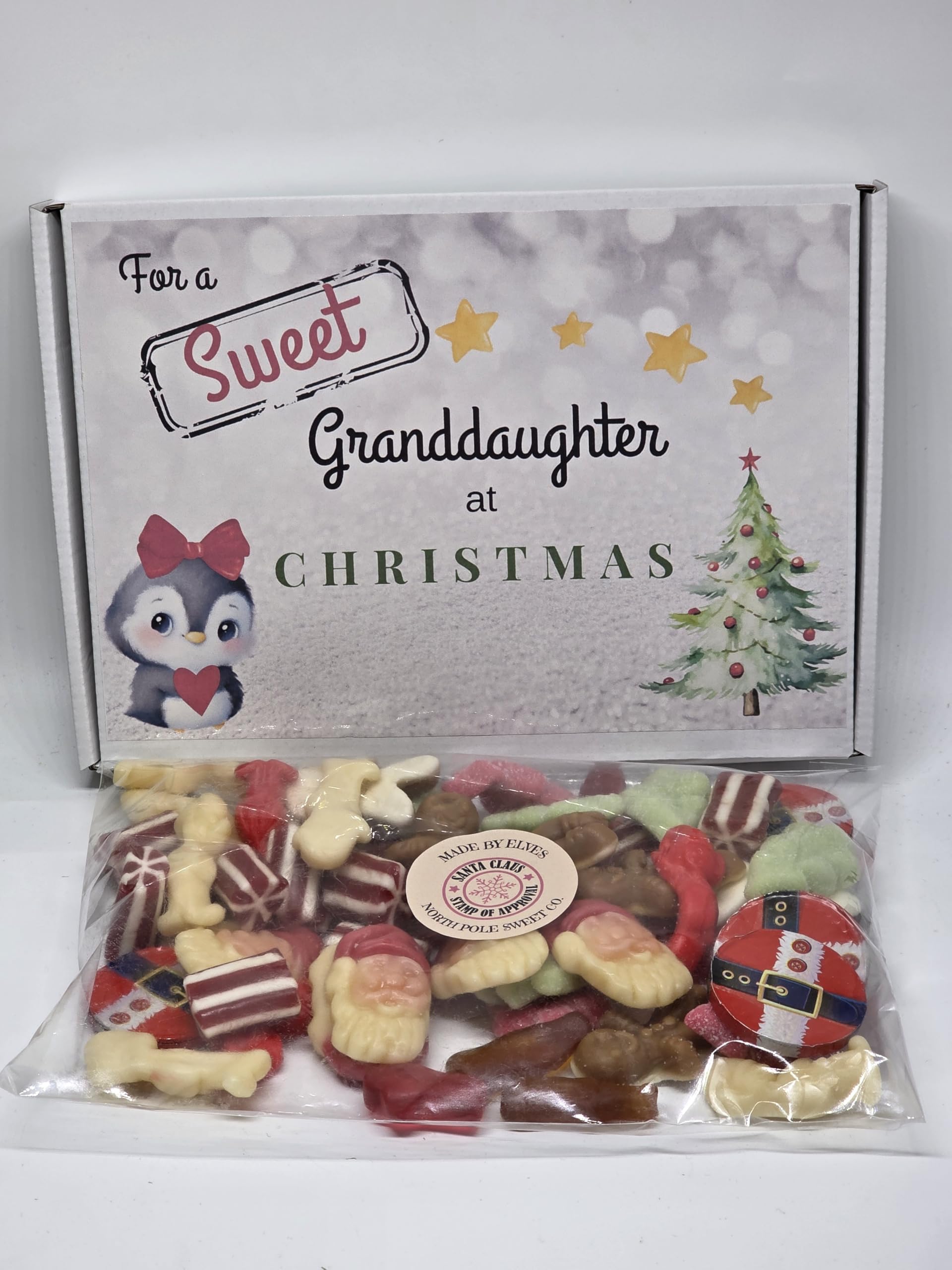 Personalised ‘For a Sweet Granddaughter at Christmas’ Gift Box – Christmas Sweets with Custom Message & Adorable Penguin Design