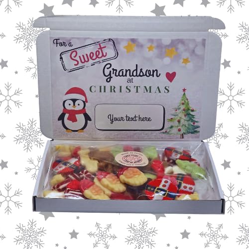 Personalised Christmas Sweet Box for Grandson – Festive Gift with Custom Message, Cute Penguin Design