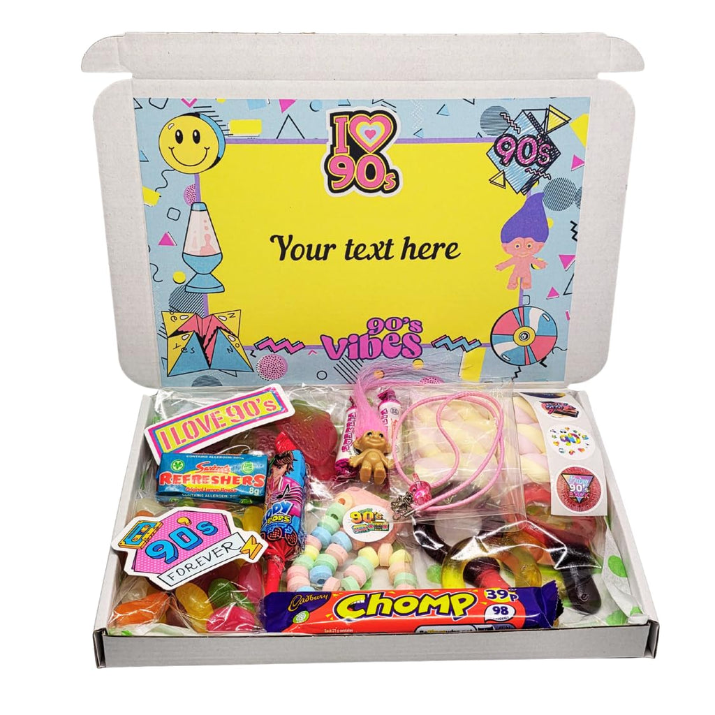 Personalised 90s Retro Treat Box – Custom Text Nostalgia Sweet Hamper – Retro Sweets Gift for Kids & Adults – 90s Throwback Present for Birthdays, Parties & Care Packages