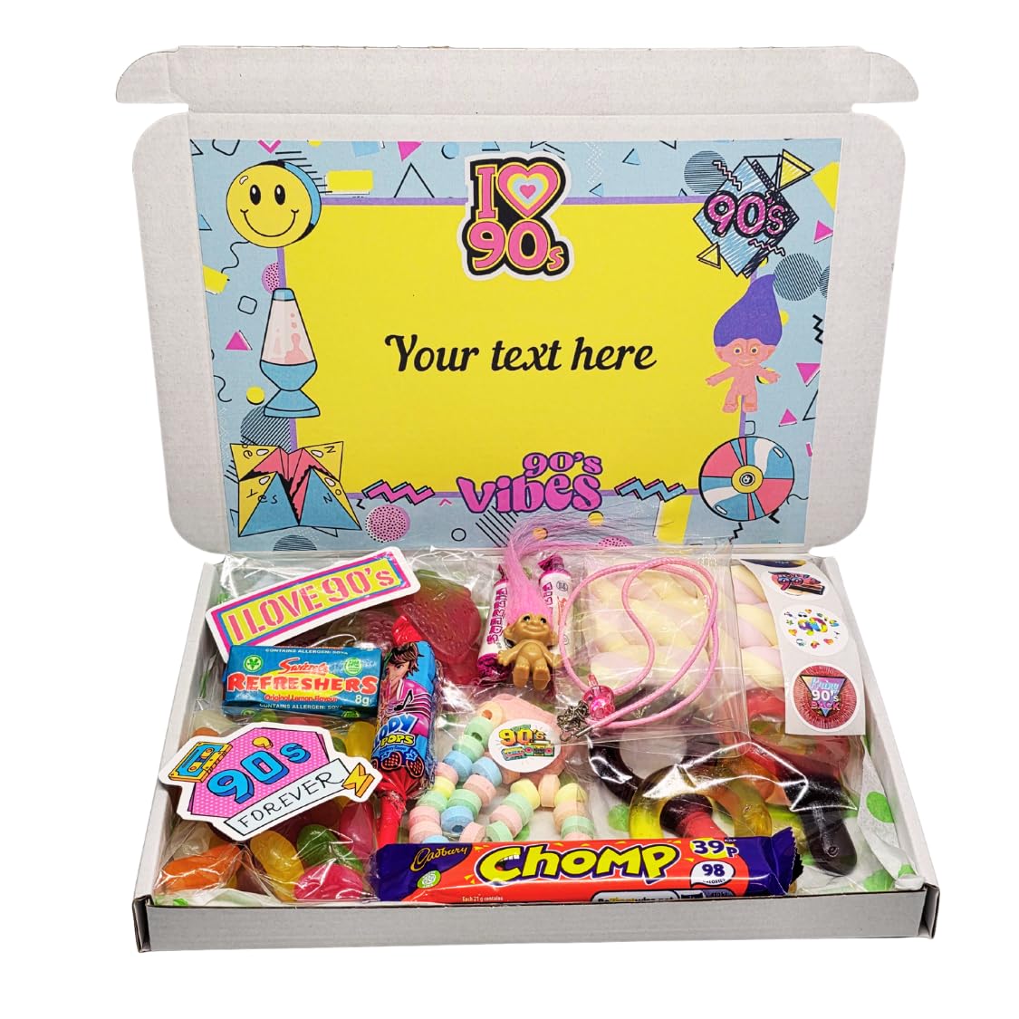 Personalised 90s Retro Treat Box – Custom Text Nostalgia Sweet Hamper – Retro Sweets Gift for Kids & Adults – 90s Throwback Present for Birthdays, Parties & Care Packages