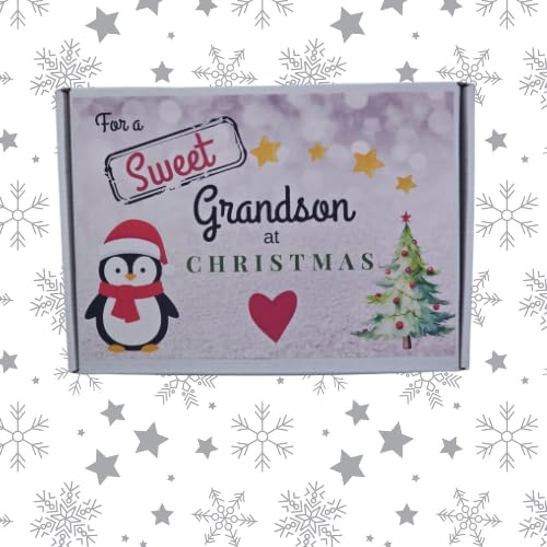 Personalised Christmas Sweet Box for Grandson – Festive Gift with Custom Message, Cute Penguin Design
